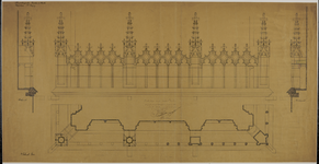 219009 Plattegrond, doorsnede en aanzicht van een ontwerp voor de met kruisbloemen en pinakels versierde balustrade van ...